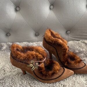 Elegant Brown Fur-Trimmed Heels